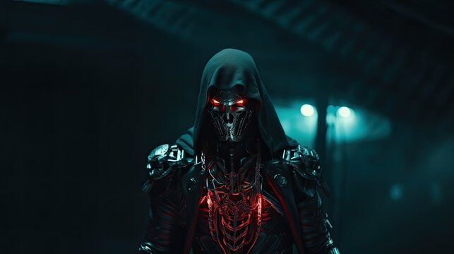 Evil skeleton robot in metal armor. Skull of futuristic evil cyborg in hood. Technology, robotics, artificial intelligence and future concept.