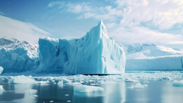 A majestic glacier collapsing into a turquoise glacial lake, climate change.