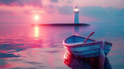 A boat in the water at sunset with a lighthouse.