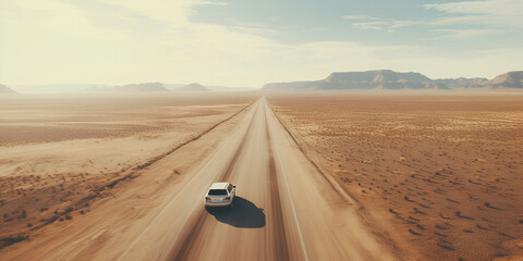 A drone view of pickup truck on a long straight road in the middle of the desert with cloudy background
