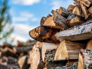 A pile of wood stacked against a blue sky. - Powered by Adobe