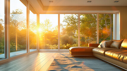 Modern Scandinavian Living Room with Bright Windows, White Sofa and Minimalist Decor, Elegant and Relaxing Atmosphere
