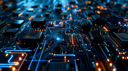 A close up of a circuit board with lights.