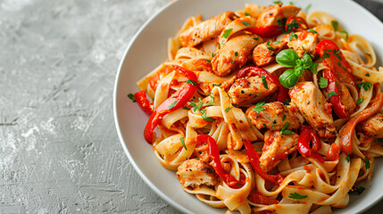 Plate with tasty cajun chicken pasta on light background