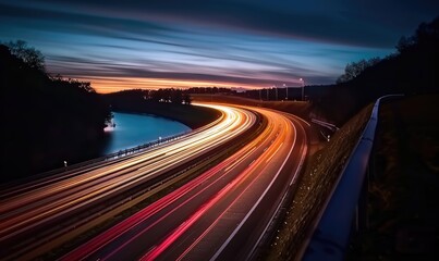 City Night Traffic, Long Exposure Time Lapse of Highway Lights. Colorful Curved Lines Depicting Speed and Motion.