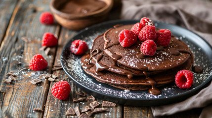 Plate with tasty chocolate pancakes and raspberries