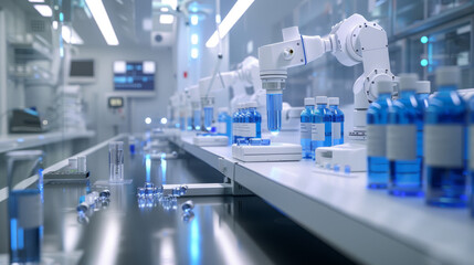 Modern automated pharmaceutical production line in a sterile factory environment, showcasing advanced robotic technology.