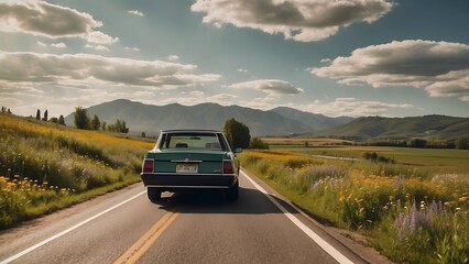 Retro car on the road in the middle of the field. Travel Concept