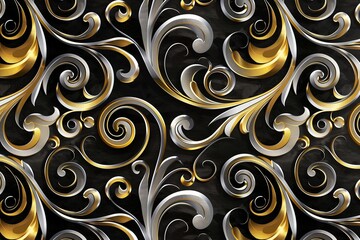Elegant pattern of swirls in shades of gold and silver emerging on a solid black background.