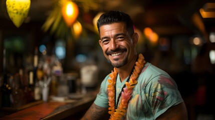 Obraz premium Handsome Latino bartender with a friendly smile stands behind a colorful tiki bar on a pristine summer beach.