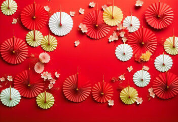 A red and gold background with Chinese New Year decorations, including paper fans and flowers.