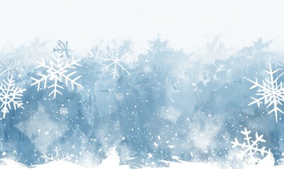 Watercolor Winter Landscape Background with Snowflakes Painting Art, Light Blue Backdrop. Copy Space for Christmas and New Year Banner Concept