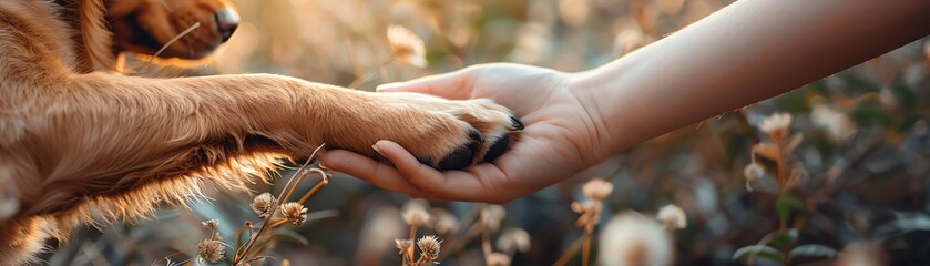 Closeup of a dogs paw and a persons hand touching, symbolizing animal friendship, with a large copy...
