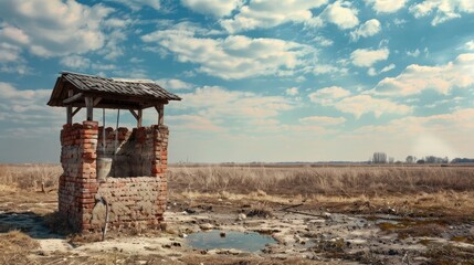 A solitary brick water well standing tall in a desolate landscape, its wooden roof weathered by time, a bucket hanging from a frayed rope. - Powered by Adobe