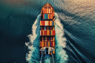 Container Cargo Ship in Import-Export Business Across the Globe. Aerial Top-Down Drone View of a Running Ship in the Open Sea. Freight Ship Carrying Cargo in International Waters.