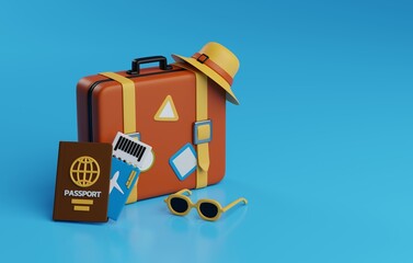 Passport, Suitcase, Sunglasses. 3D Render