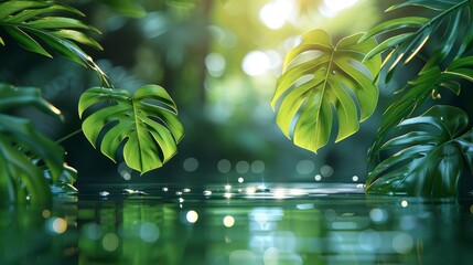 Tropical leaves on water background, huge green monstera and palm leaves floating on water with...