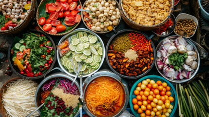 Top view of various fresh Asian ingredients and spices, ideal for traditional cooking, displayed in bowls.