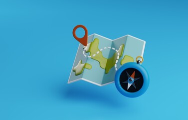 Navigating Adventures, of Map, Compass, and Pin for Exploration. 3D Render