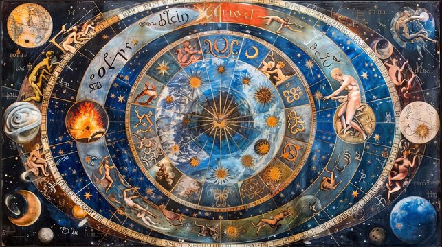 Colorful representation of multiple zodiac signs in celestial spheres