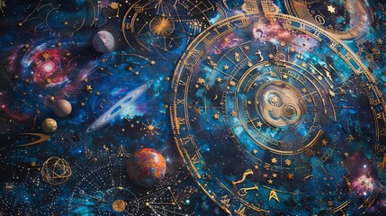 Colorful representation of multiple zodiac signs in celestial spheres