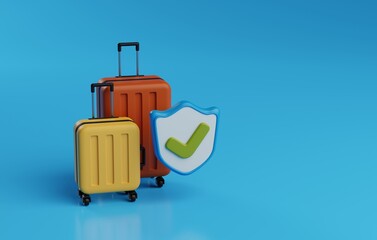 Travel Insurance with Luggage and Shield with Check Mark. 3D Render