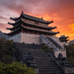 Buddhist temple on hill at sunset