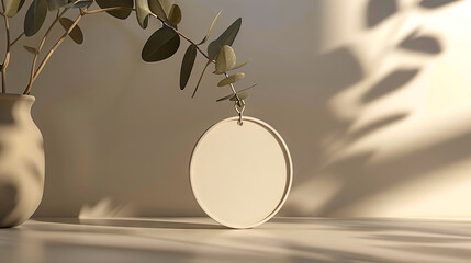 A white vase with leaves and a round mirror.