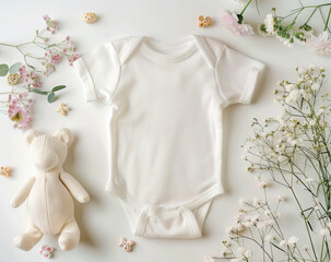A white baby bodysuit and teddy bear on a table.