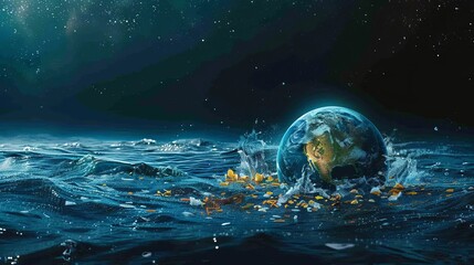 A stylized graphic of the earth with microplastics swirling in the oceans, highlighting global pollution issues