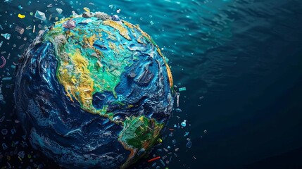 A stylized graphic of the earth with microplastics swirling in the oceans, highlighting global pollution issues