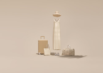 Summer vacation concept with hat and suitcase with palm shadow in beige background along with women outfit, minimal fashion clothes.
