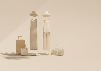 Summer vacation concept with hat and suitcase with palm shadow in beige background along with women outfit, minimal fashion clothes.
