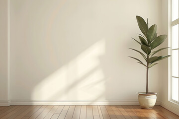 Modern Empty Living Room with Wooden Floor, Potted Plant, White Wall Background. Blank Texture Wall for Picture Frame Copy Space Mockup. Sun Rays Through Window