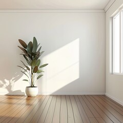 Modern Empty Living Room with Wooden Floor, Potted Plant, White Wall Background. Blank Texture Wall for Picture Frame Copy Space Mockup. Sun Rays Through Window