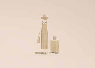 Summer vacation concept with hat and suitcase with palm shadow in beige background along with women outfit, minimal fashion clothes.
