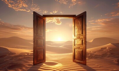 An open door in the desert with the sun shining through, inviting possibilities and illuminating the path ahead