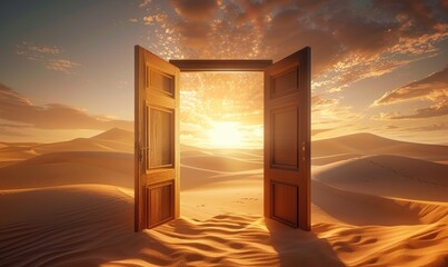 An open door in the desert with the sun shining through, inviting possibilities and illuminating the path ahead