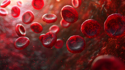  Red Blood Cells, White Blood Cells, germs, viruses, bacteria, and cholesterol in Blood Vessels. Hematology Medical 3d Illustration concepts.