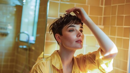 Young woman with a pixie haircut reflecting in a bathroom with warm yellow tiles, portraying a contemplative mood
