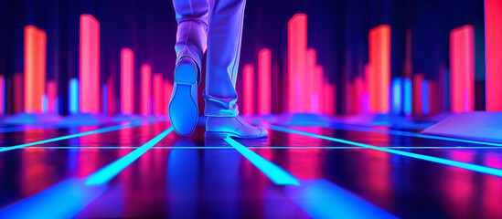 Close-up of a shoe stepping on an urban ground with vivid neon light reflections and futuristic vibe