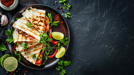 Plate with tasty quesadillas lime sauce and spices on