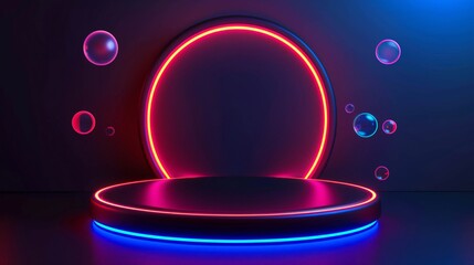 A glowing neon ring podium in dark ambiance with floating reflective bubbles
