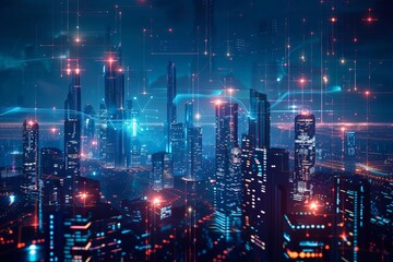 Futuristic cityscape with integrated digital networks