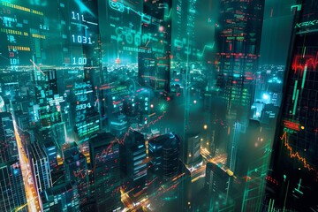 Futuristic cityscape with glowing digital financial graphs