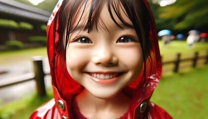 雨上がりに公園で赤いカッパを着て微笑む女の子