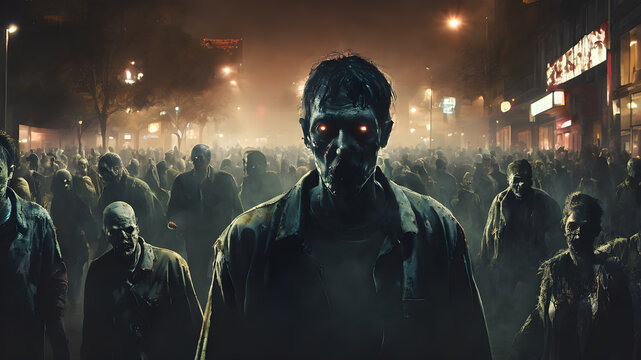 zombie crowd walking at night, halloween concept. AI generated image, ai.