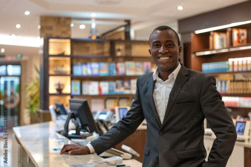 Wall mural Smiling professional hotel concierge standing confidently at reception desk