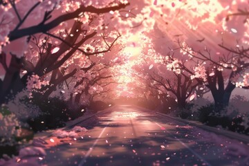 Enchanted Pathway Through Pink Cherry Blossom Trees with Floating Petals and Sun Flares