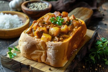 Iconic Bunny Chow presented on a wooden backdrop, featuring a bread loaf filled with spicy curry.